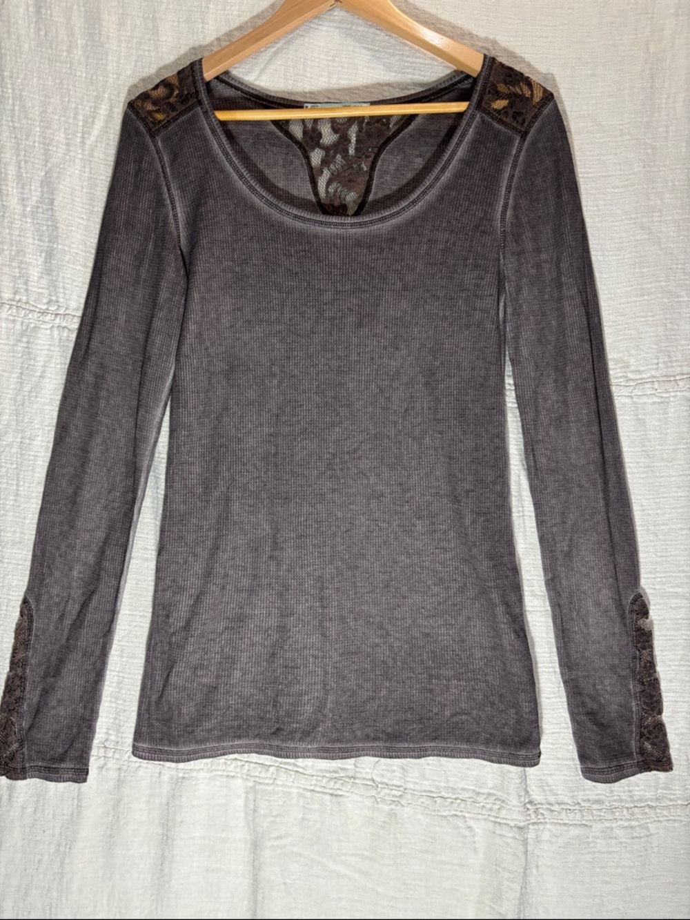 Maurices Gray Lace Yoke Long Sleeve Scoop Top